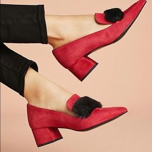 Elysess for Anthropologie Red Suede Pom Pom heel